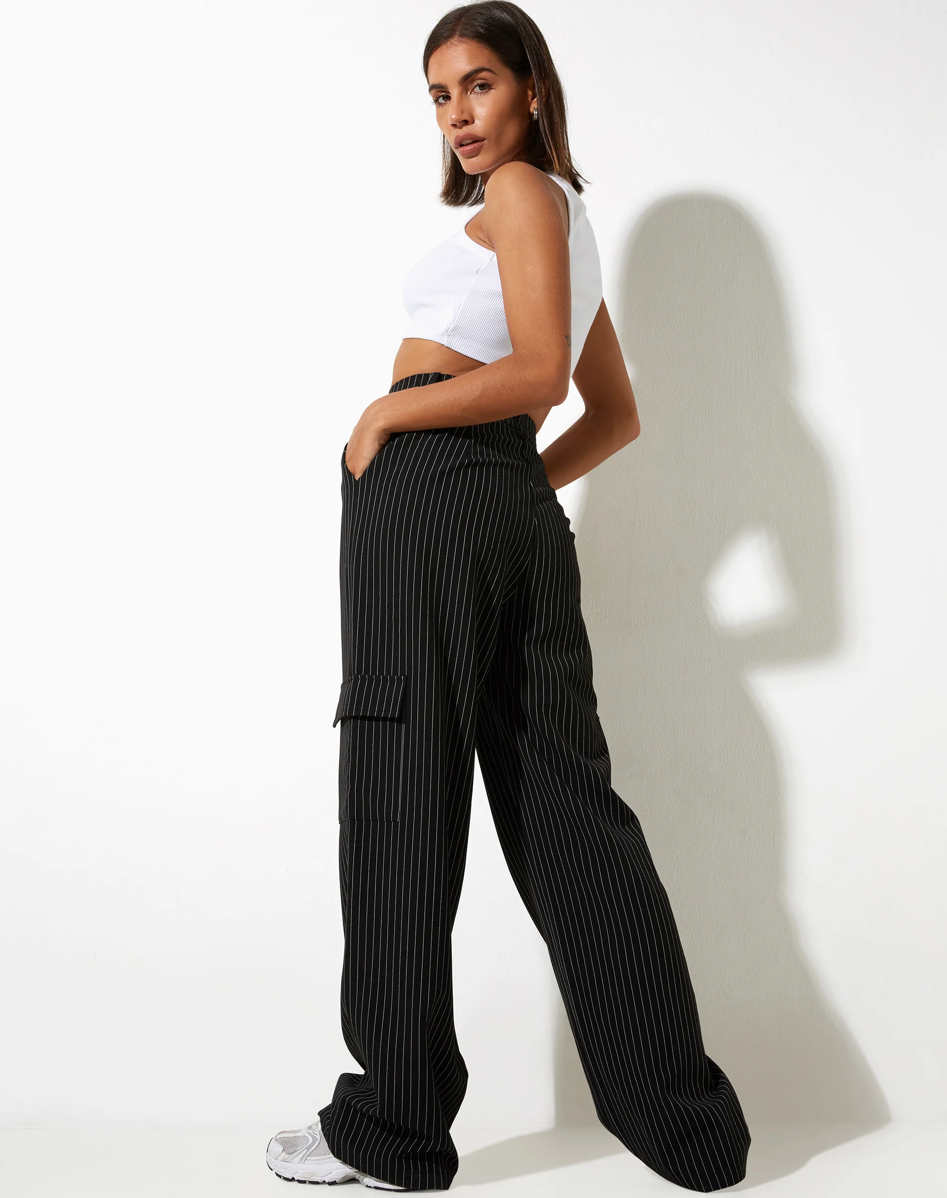 Abba Cargo Trouser in Pinstripe Black - Image 5