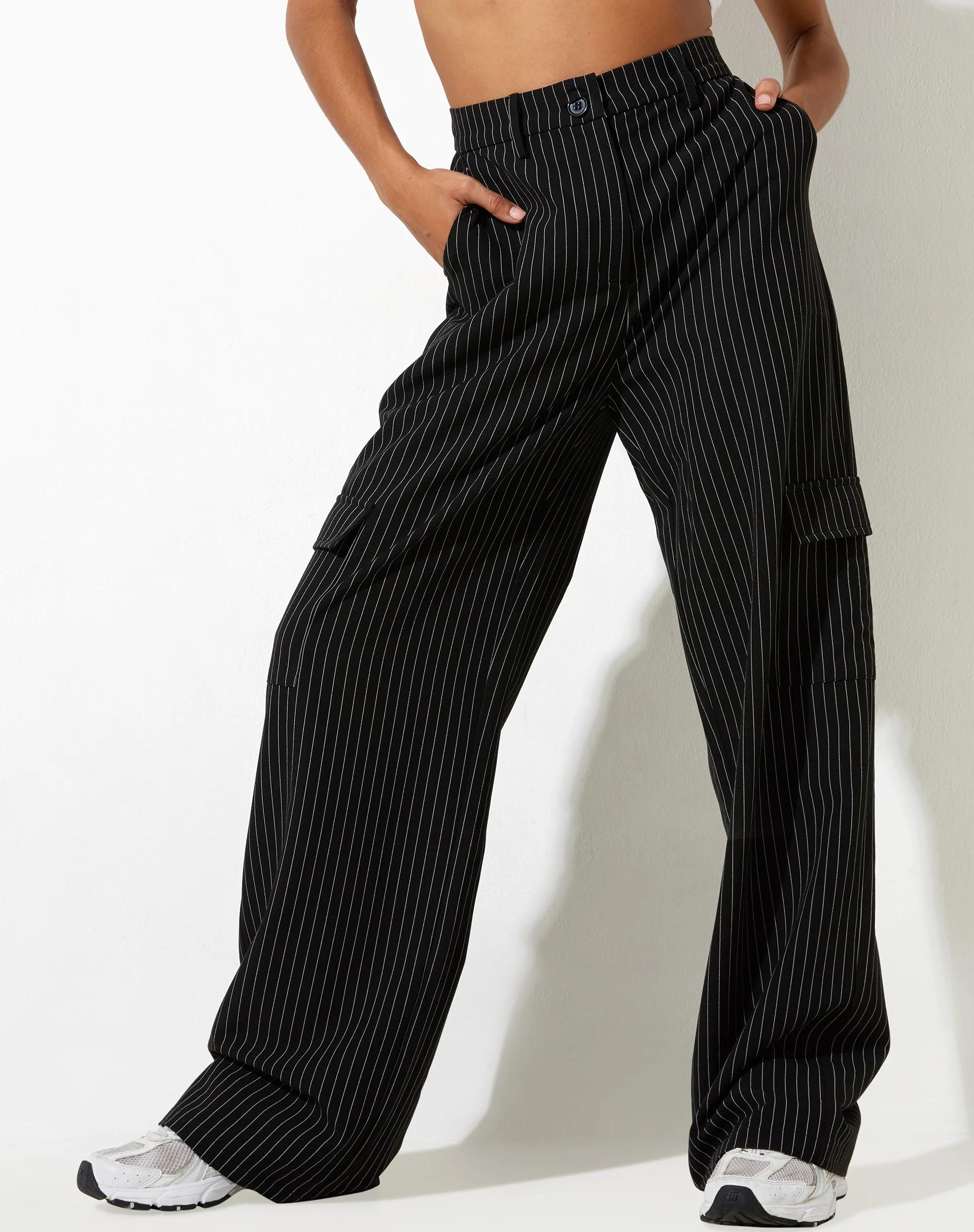 Abba Cargo Trouser in Pinstripe Black - Image 6