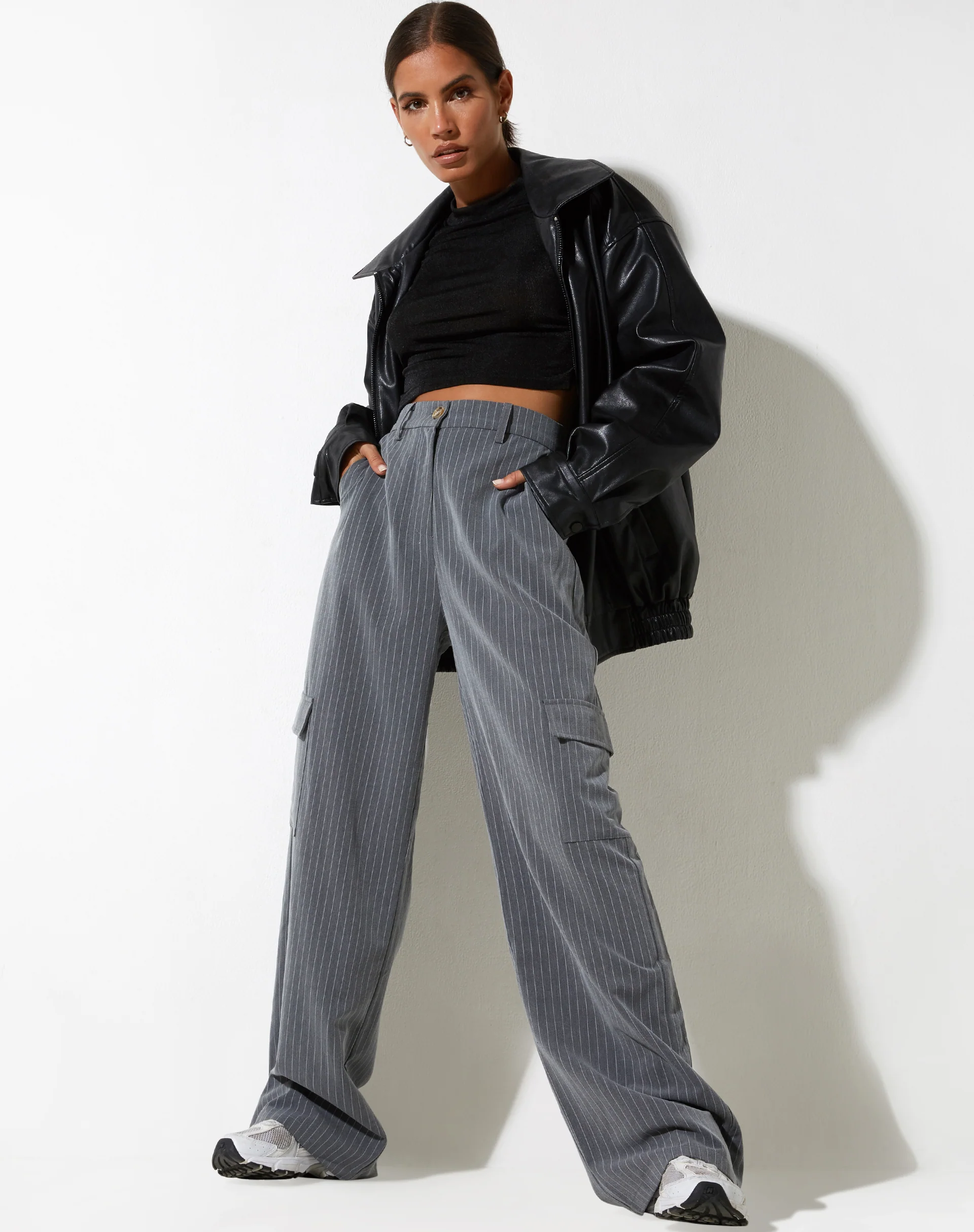 Abba Cargo Trouser in Pinstripe Grey - Image 3