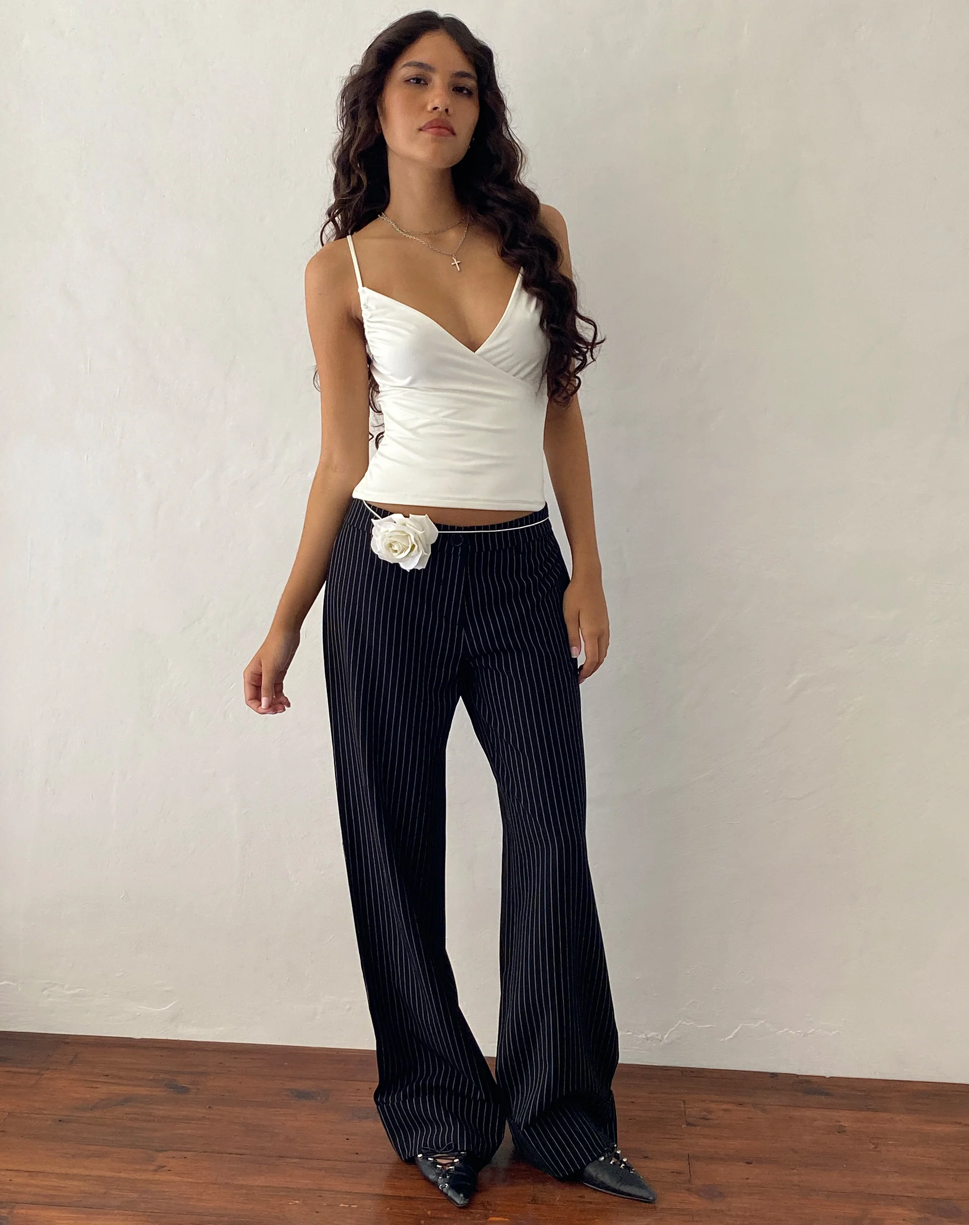 Abba Low Rise Trouser in Black Pinstripe Tailoring - Image 4