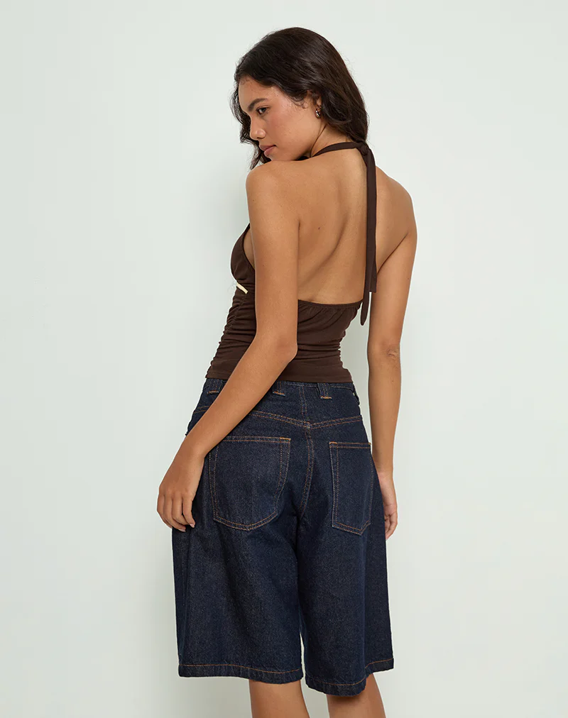 Abeth Halterneck Top in Chocolate Brown with Lemon Piping - Image 4