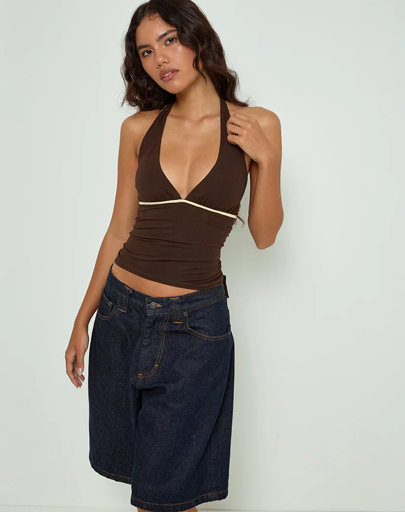 Abeth Halterneck Top in Chocolate Brown with Lemon Piping - Image 5
