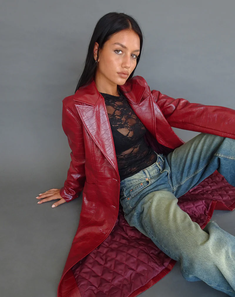 Abigail Coat in Matte PU Croc Burgundy - Image 3