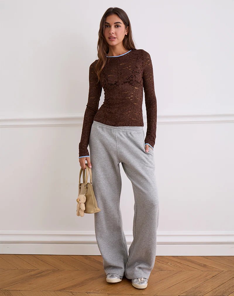 Abon Long Sleeve Top in Lace Brown with Blue Binding - Image 4