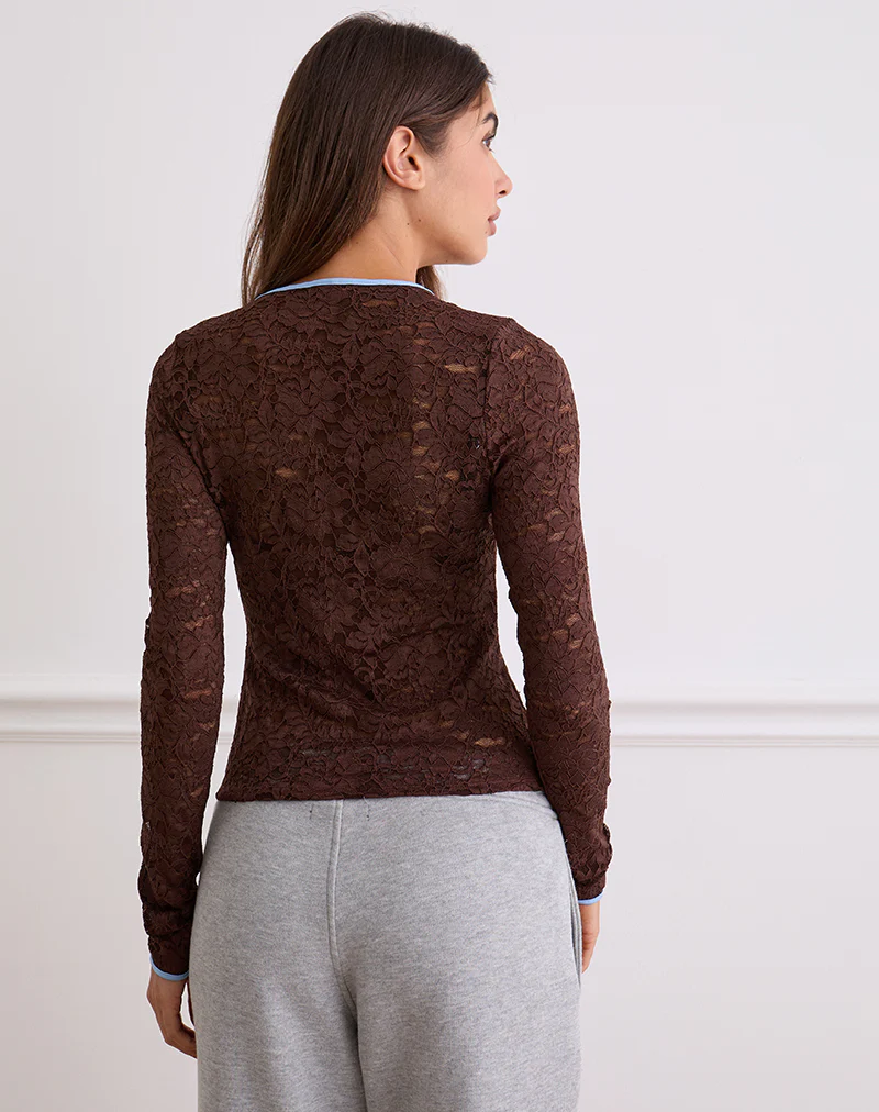 Abon Long Sleeve Top in Lace Brown with Blue Binding - Image 5