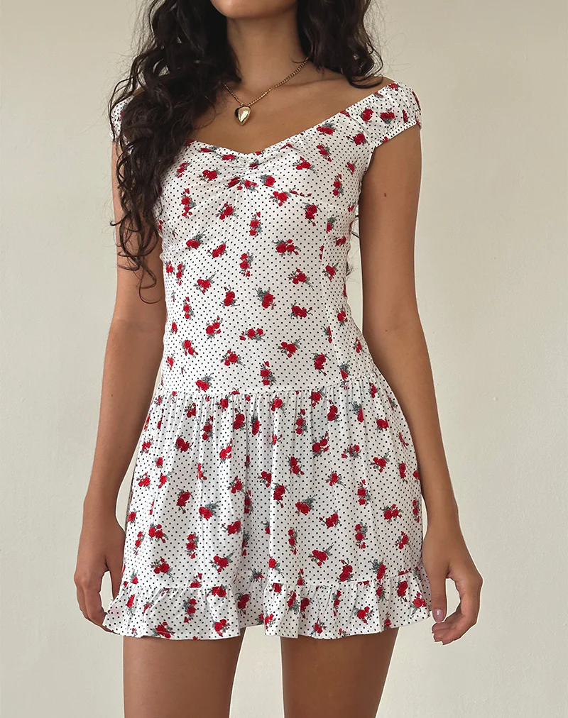 Aca Bardot Mini Dress in White Rose Polka - Image 2