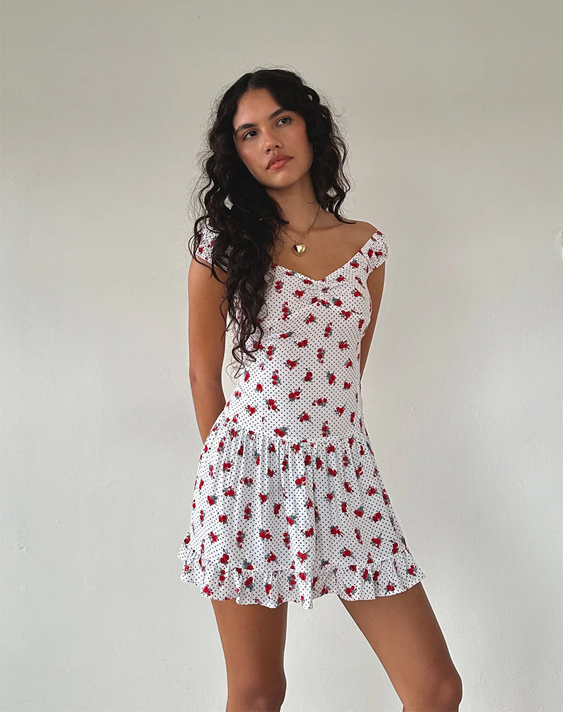 Aca Bardot Mini Dress in White Rose Polka - Image 4