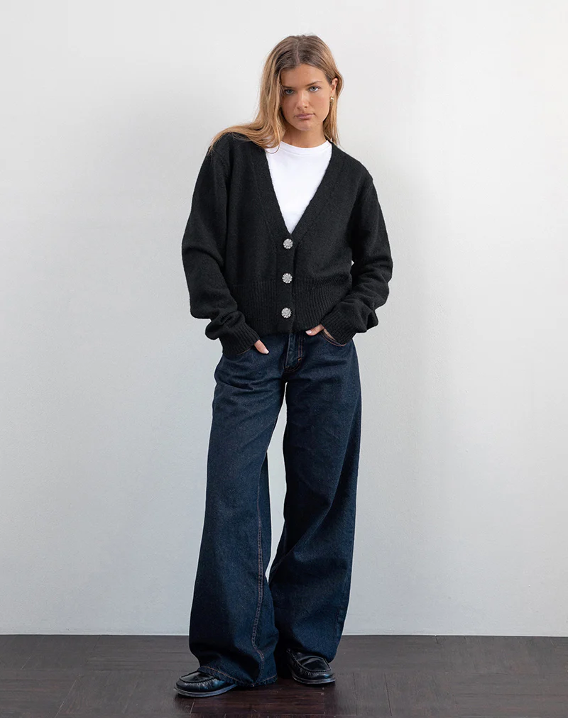 Acera Knitted Cardigan in Black with Silver Flower Buttons - Image 2