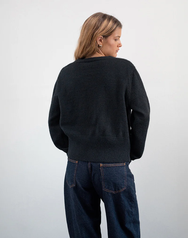 Acera Knitted Cardigan in Black with Silver Flower Buttons - Image 4
