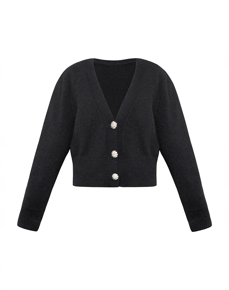 Acera Knitted Cardigan in Black with Silver Flower Buttons - Image 5