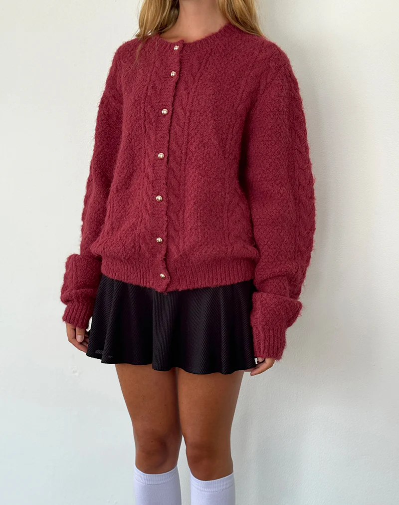 Aceso Cardigan in Brush Knit Burgundy - Image 2