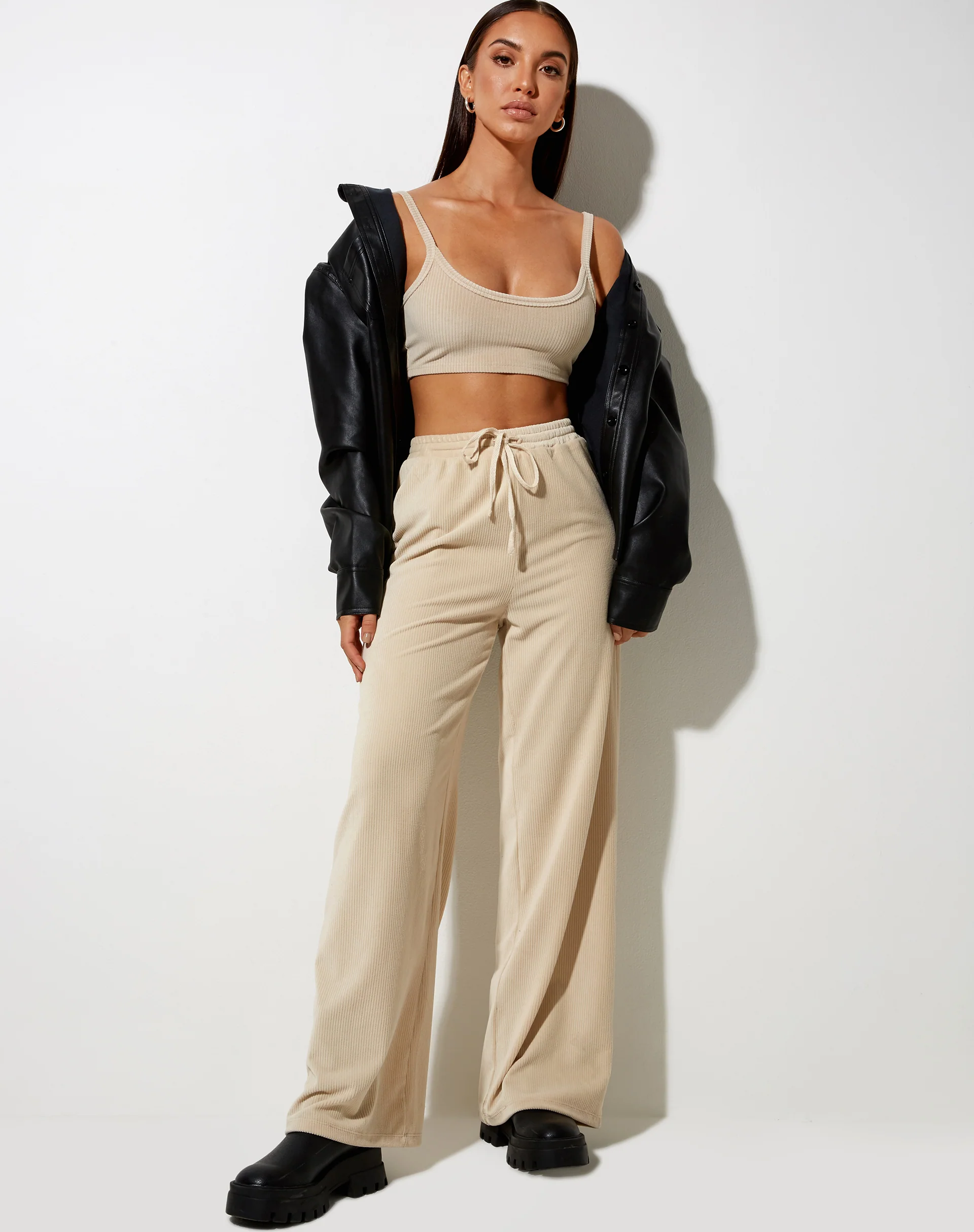 Adda Bralet Top in Velvet Rib Neutral Beige - Image 3