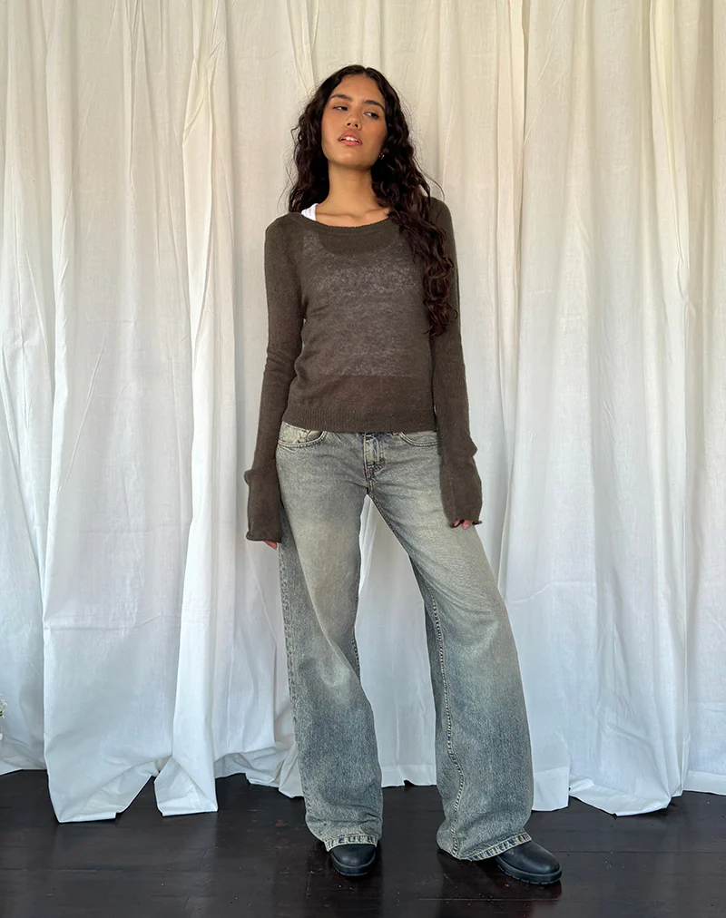 Addison Long Sleeve Sheer Knit Top in Dark Chocolate - Image 4