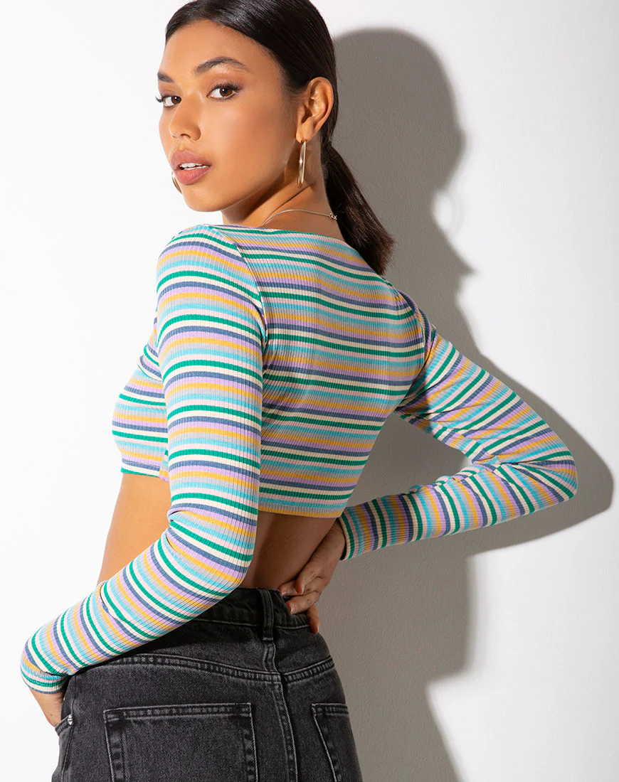 Adea Crop Top in Rib Green Purple and Yellow by Motel - Image 2