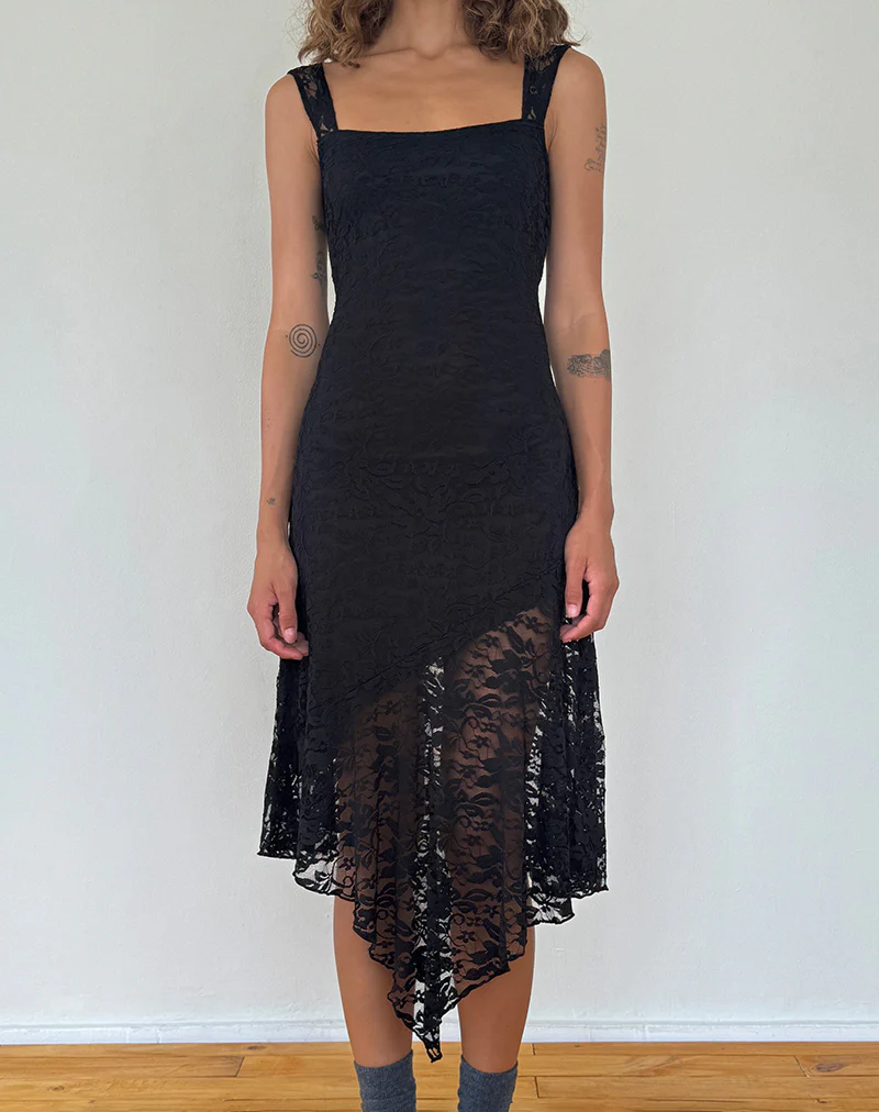 Adeliza Asymmetric Midi Dress in Floral Lace Jet Black - Image 3