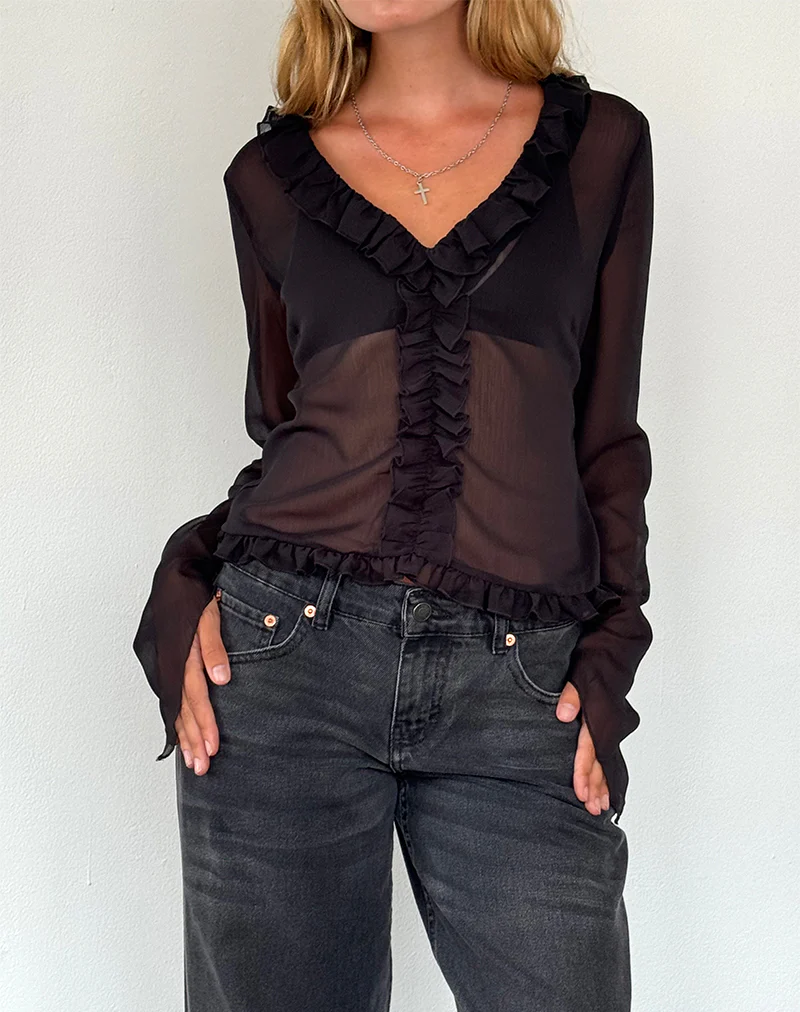 Adriana Ruffle Top in Chiffon Black - Image 2