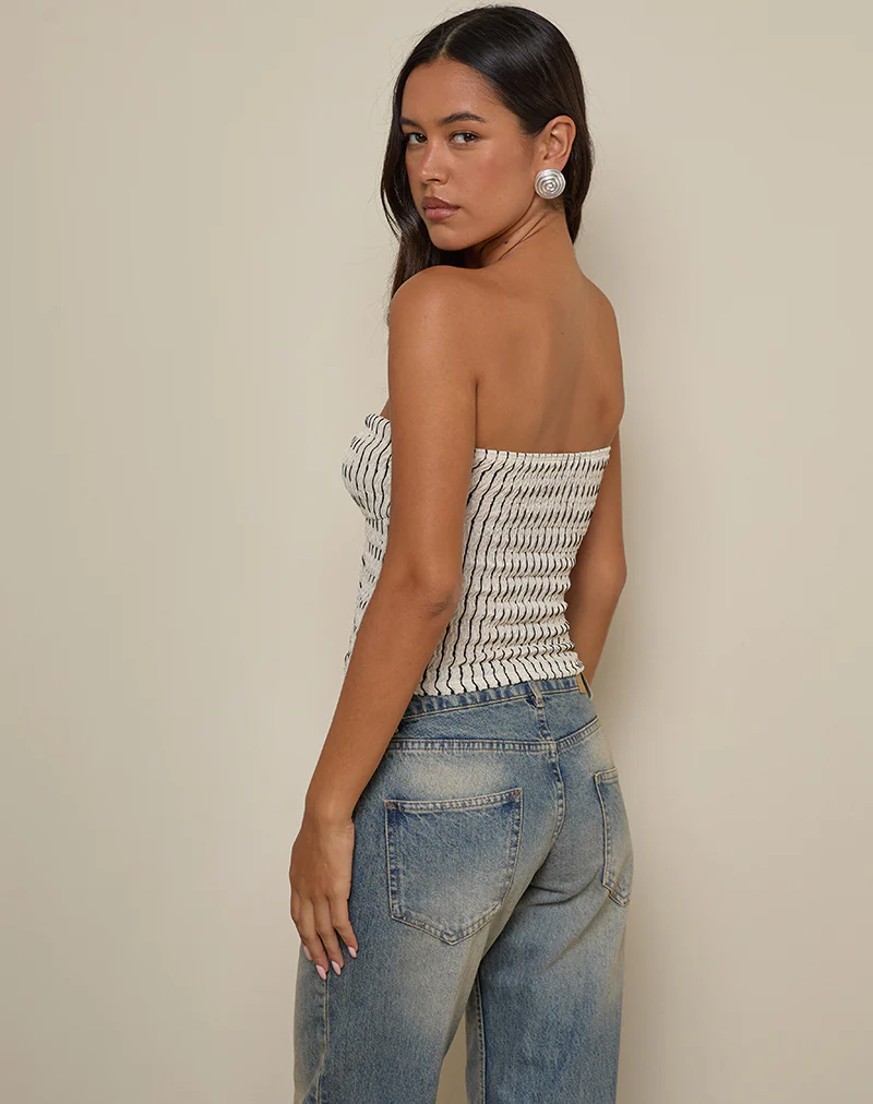 Aghony Bandeau Top in Stripe Textured Mesh Beige - Image 5