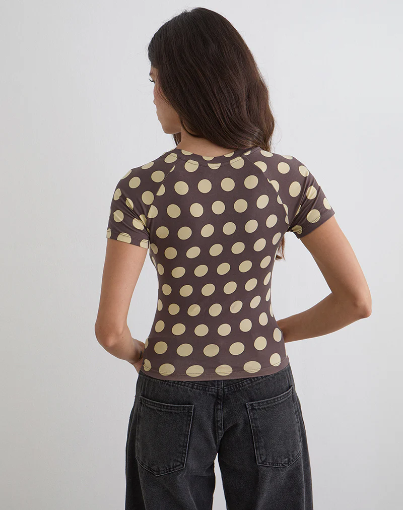 Agneta Tee in Brown with Big Yellow Polka Dots - Image 4
