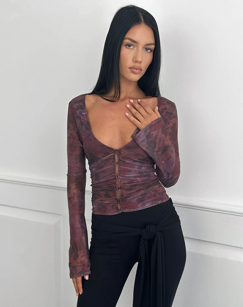 Aifee Long Sleeve Top in Mesh Blurry Floral Burgundy - Image 4
