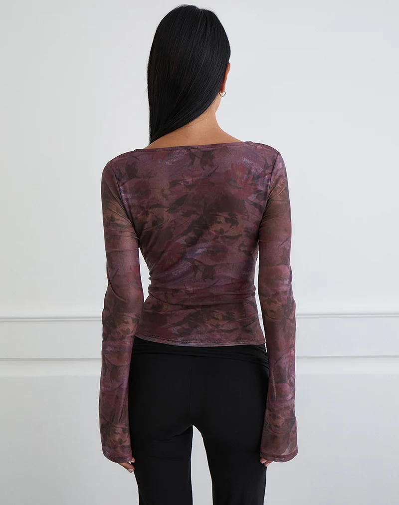 Aifee Long Sleeve Top in Mesh Blurry Floral Burgundy - Image 5