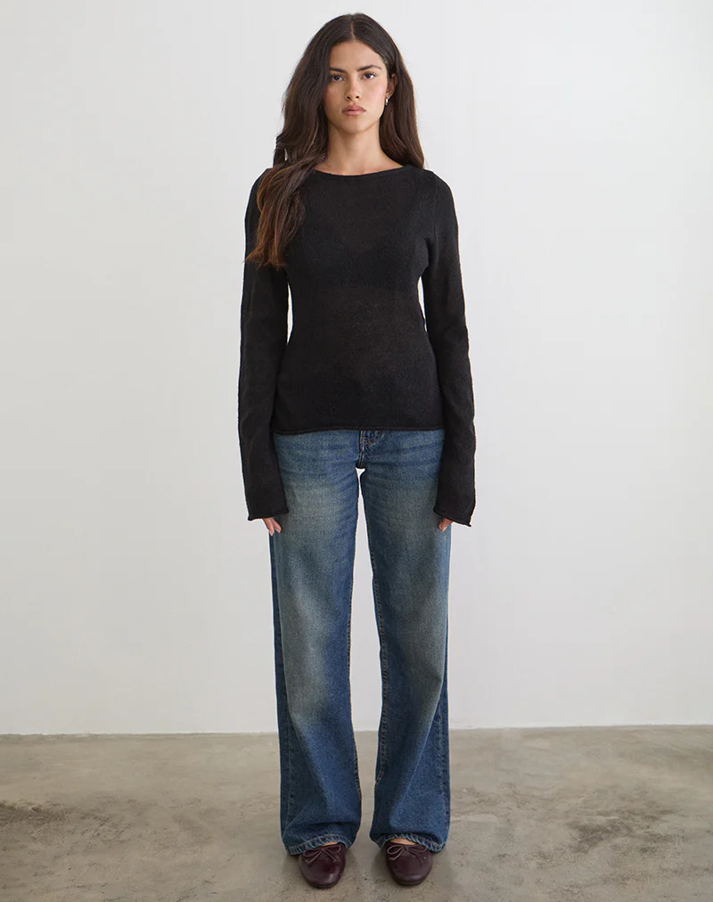Aika Long Sleeve Top in Sheer Knit Black - Image 2