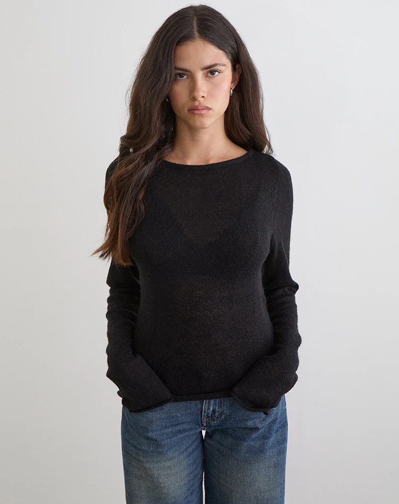 Aika Long Sleeve Top in Sheer Knit Black - Image 3