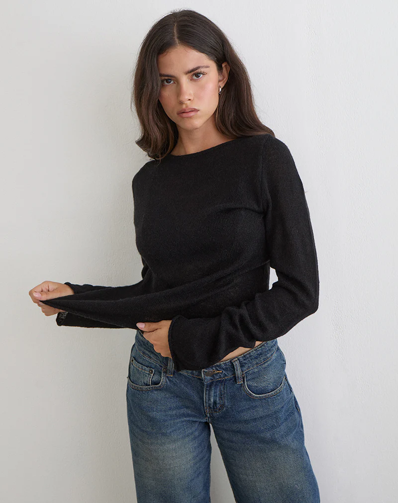 Aika Long Sleeve Top in Sheer Knit Black - Image 4