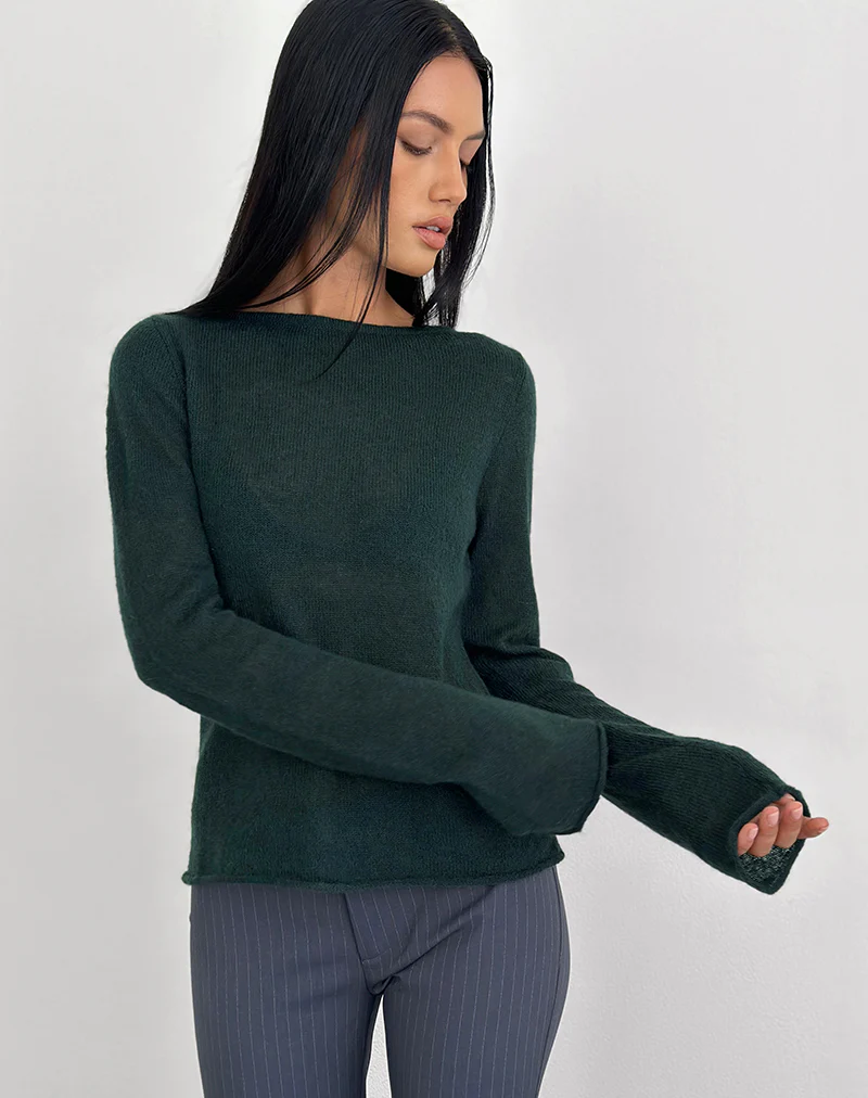 Aika Long Sleeve Top in Sheer Knit Dark Green - Image 2