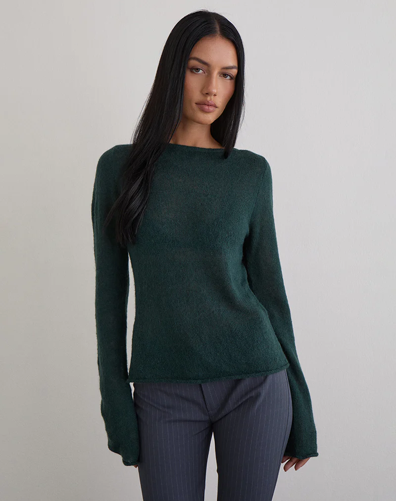 Aika Long Sleeve Top in Sheer Knit Dark Green - Image 5