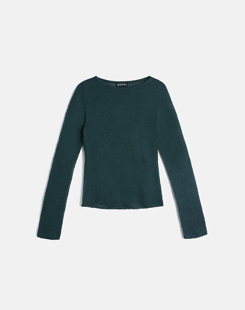 Aika Long Sleeve Top in Sheer Knit Dark Green - Image 6