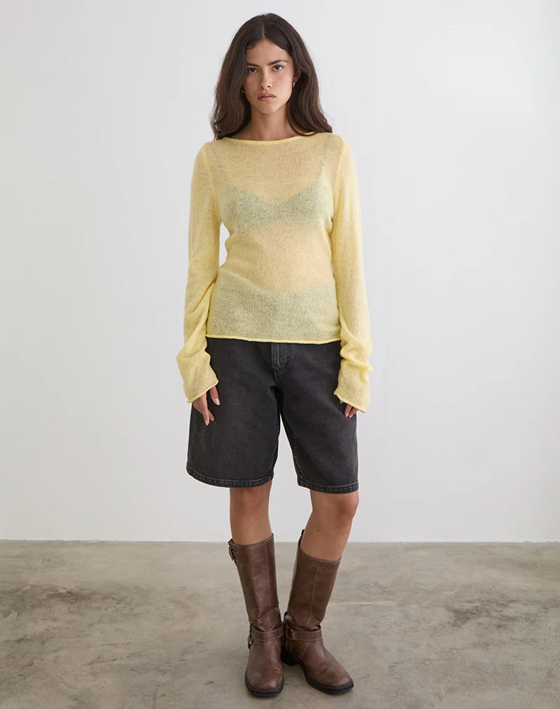 Aika Long Sleeve Top in Sheer Knit Lemon - Image 2