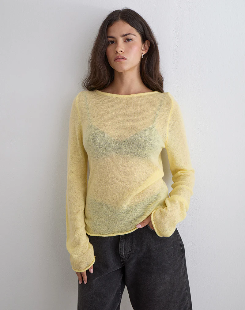 Aika Long Sleeve Top in Sheer Knit Lemon - Image 4