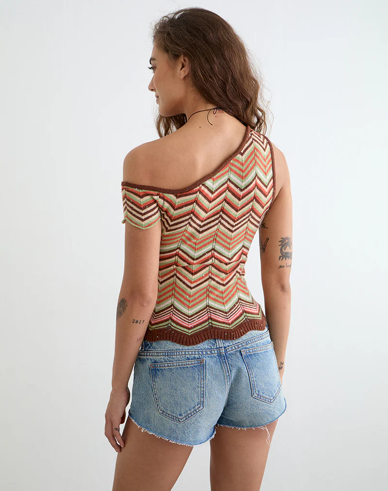 Aisling Off Shoulder Top in Green Multi Stripe - Image 6