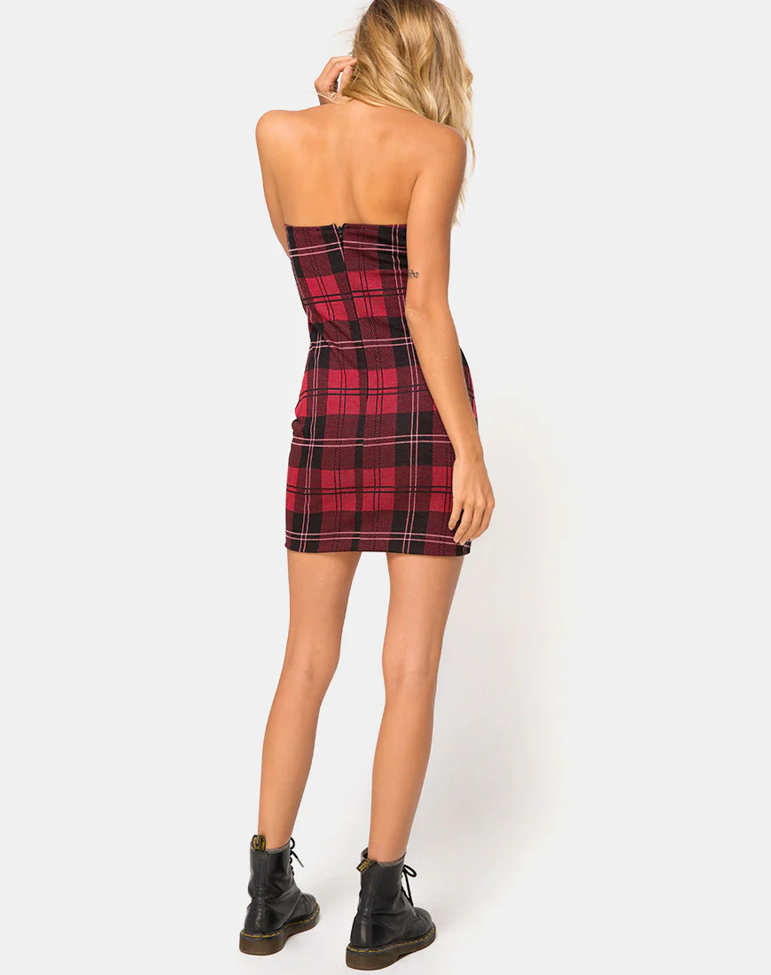 Ajuste Bodycon Dress in Plaid Red - Image 4