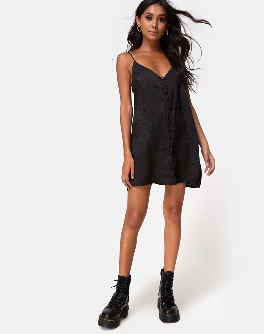 Akina Dress in Black Satin Cheetah - Image 3