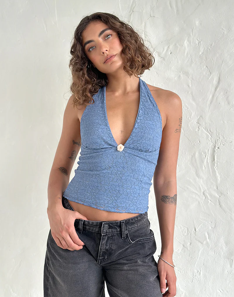 Aksa Halterneck Top in Moonlight Blue Lace with Rose - Image 2