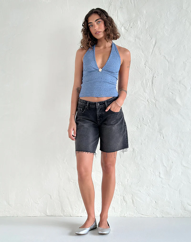Aksa Halterneck Top in Moonlight Blue Lace with Rose - Image 3