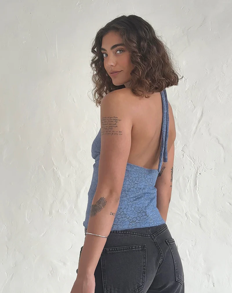 Aksa Halterneck Top in Moonlight Blue Lace with Rose - Image 4