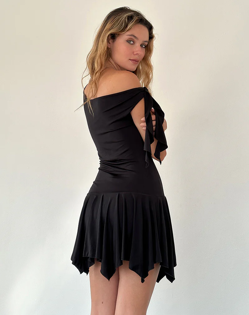 Alba Mini Asymmetric Ruffle Dress in Black - Image 4