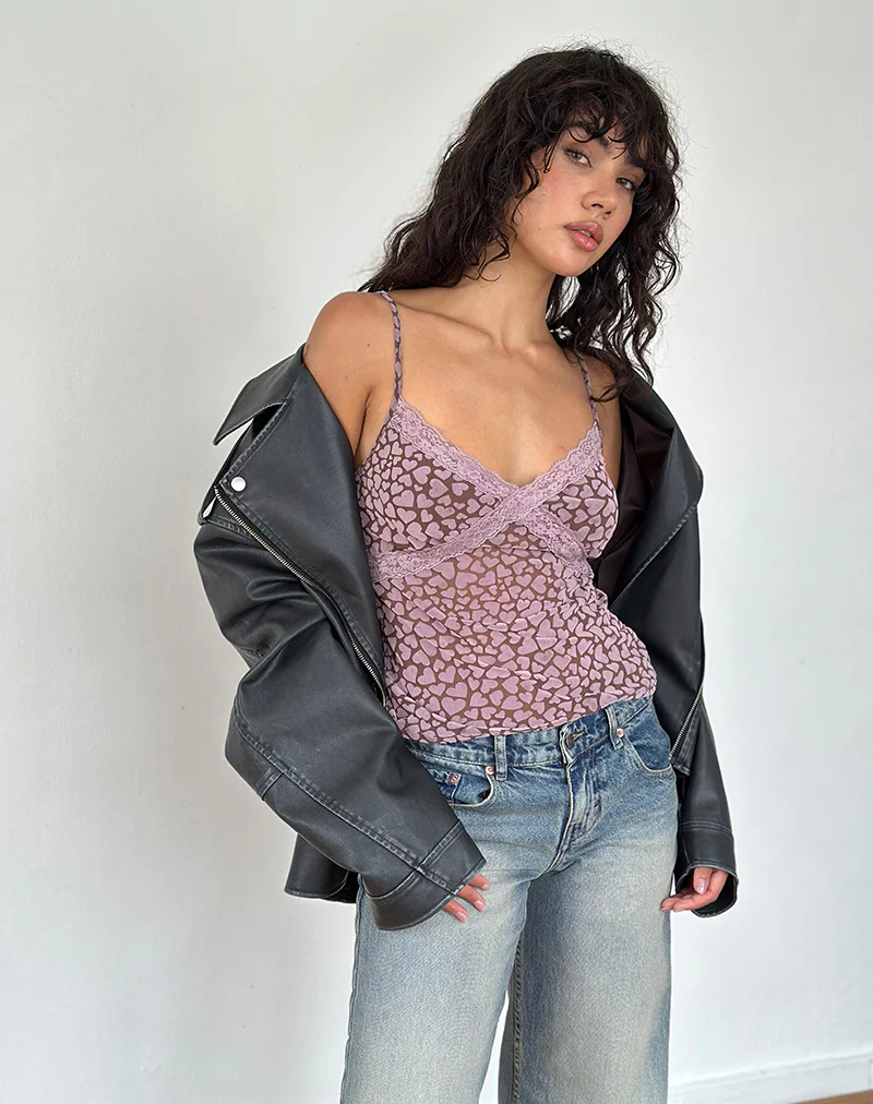 Alcesta Top in Brown Flock Mesh with Pink Heart Print - Image 4