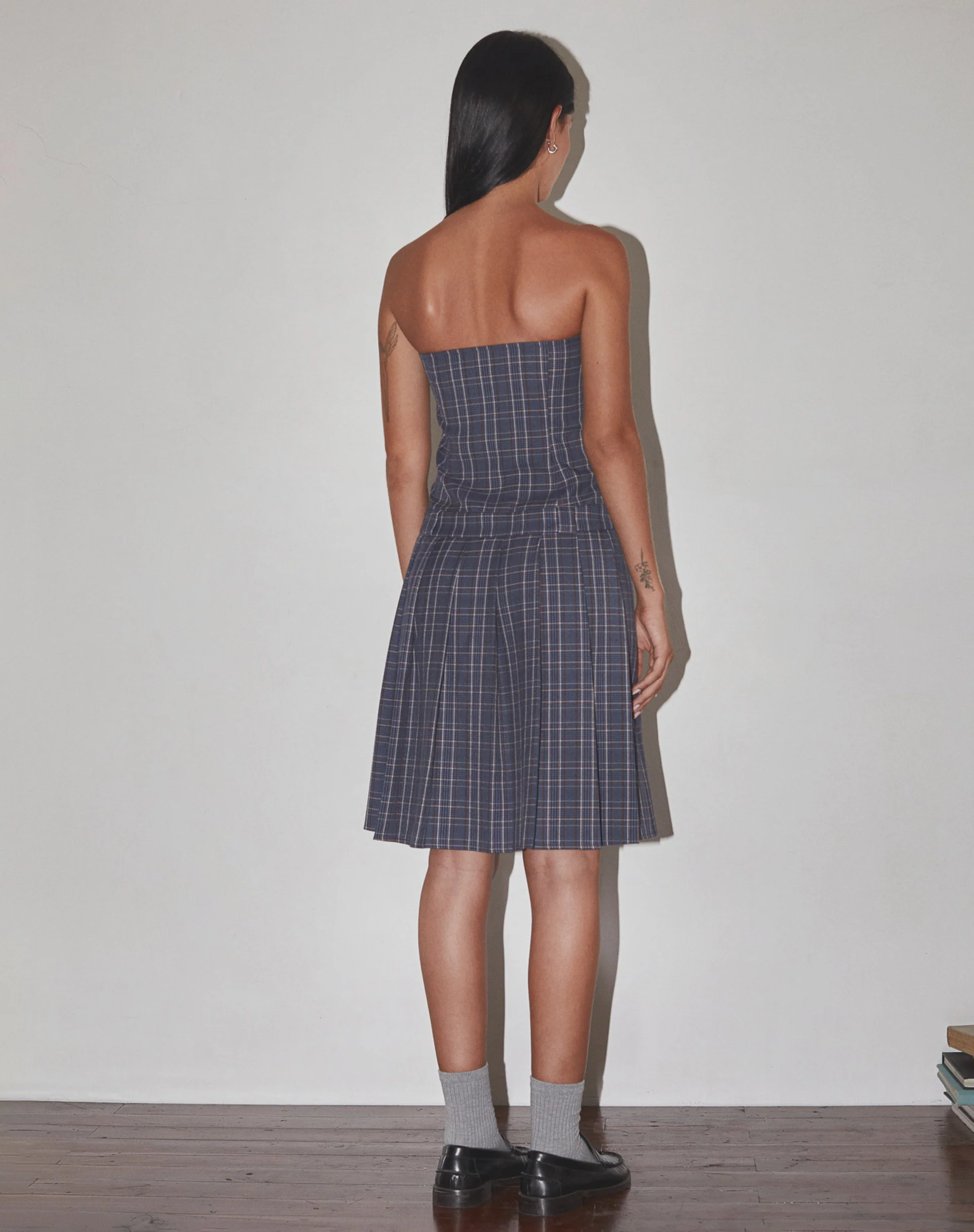 Aldari Bandeau Midi Dress Tailoring Navy Check - Image 6