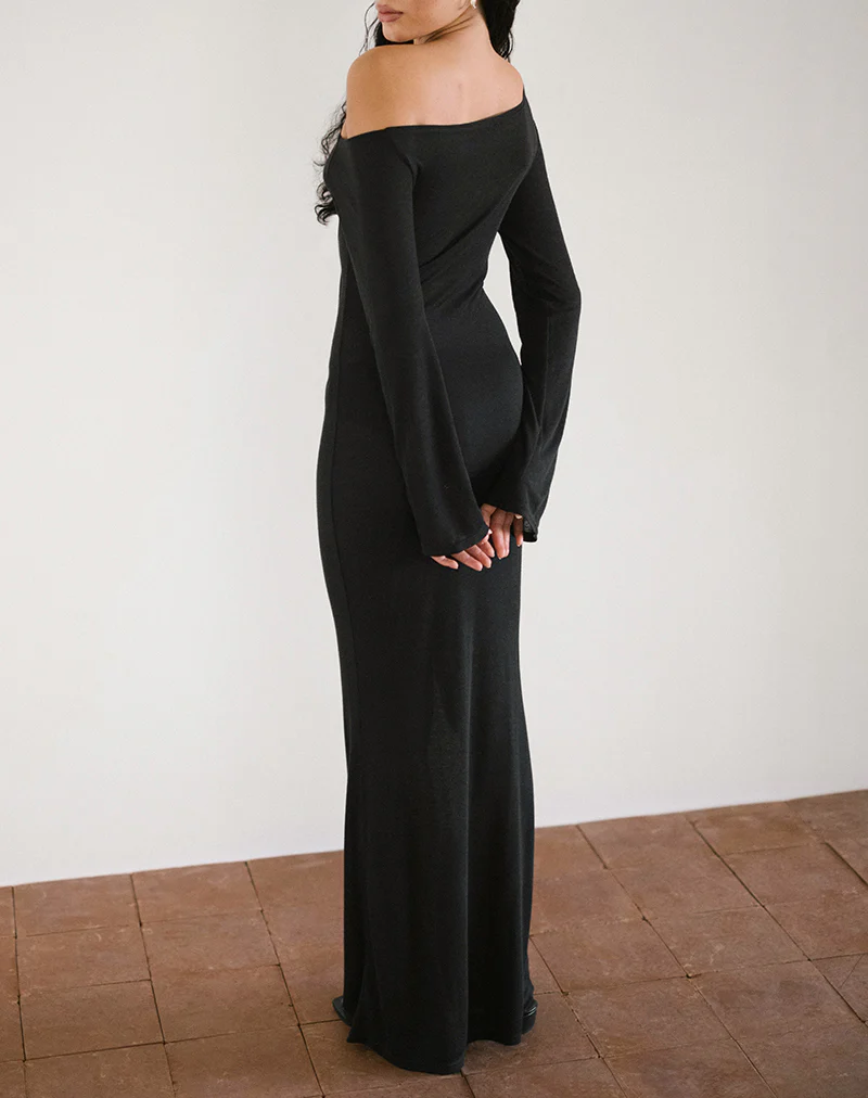 Aldiana Long Sleeve Asymmetric Maxi Dress in Sheer Knit Black - Image 2