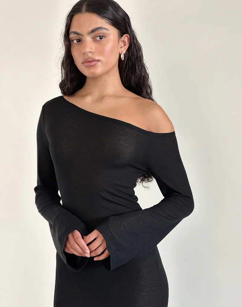 Aldiana Long Sleeve Asymmetric Maxi Dress in Sheer Knit Black - Image 3