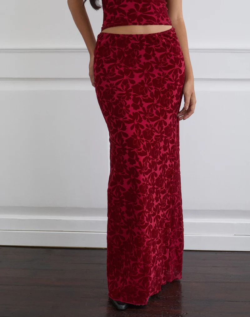 Alfreda Maxi Skirt in Flocked Mesh Flower Cherry - Image 3