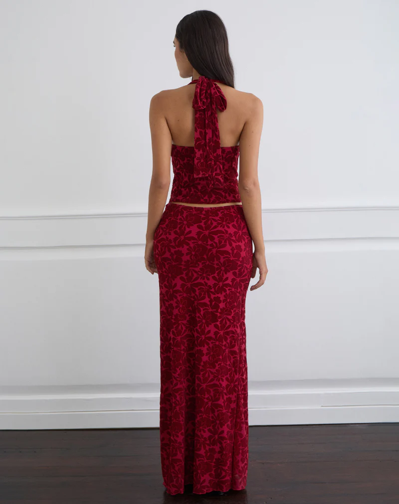 Alfreda Maxi Skirt in Flocked Mesh Flower Cherry - Image 4