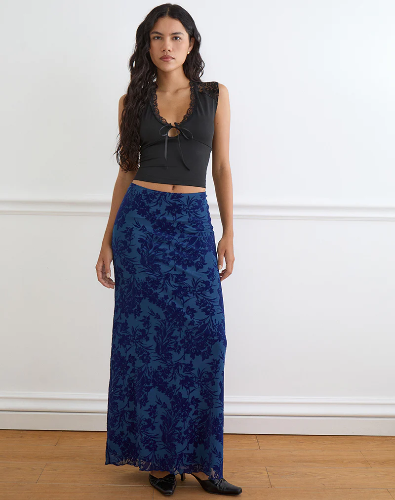 Alfreda Maxi Skirt in Midnight Leaf Flock Navy - Image 4