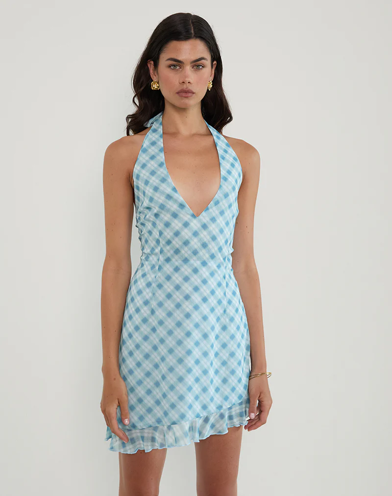 Alira Halterneck Dress in Blurred Check Blue - Image 4