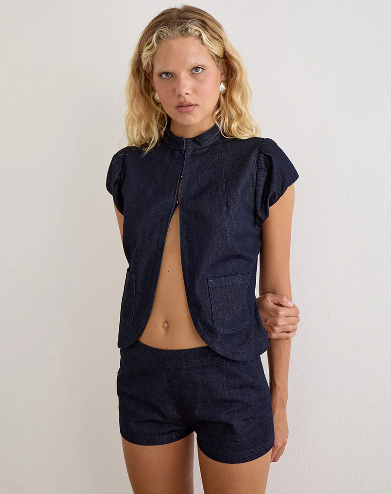 Alita Mini Short in Chambray Indigo with Buttons - Image 3