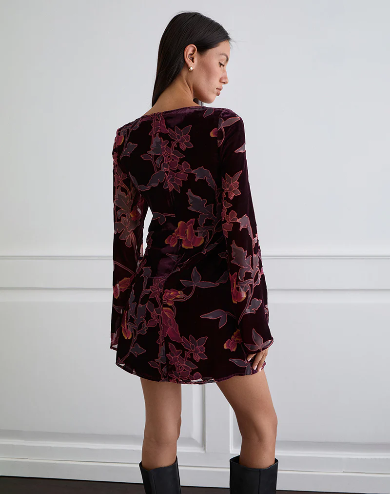 Alitra Mini Dress in Floral Devore Burgundy - Image 5