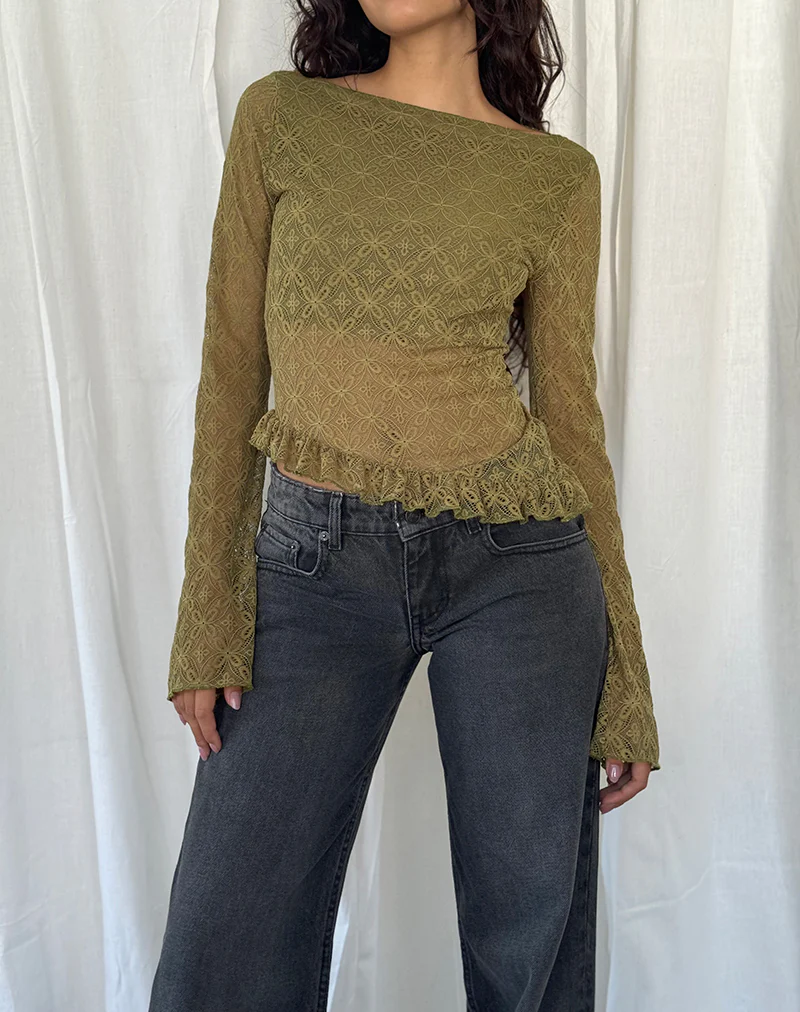 Allegra Long Sleeve Top in Textured Moss Green Lace - Image 2